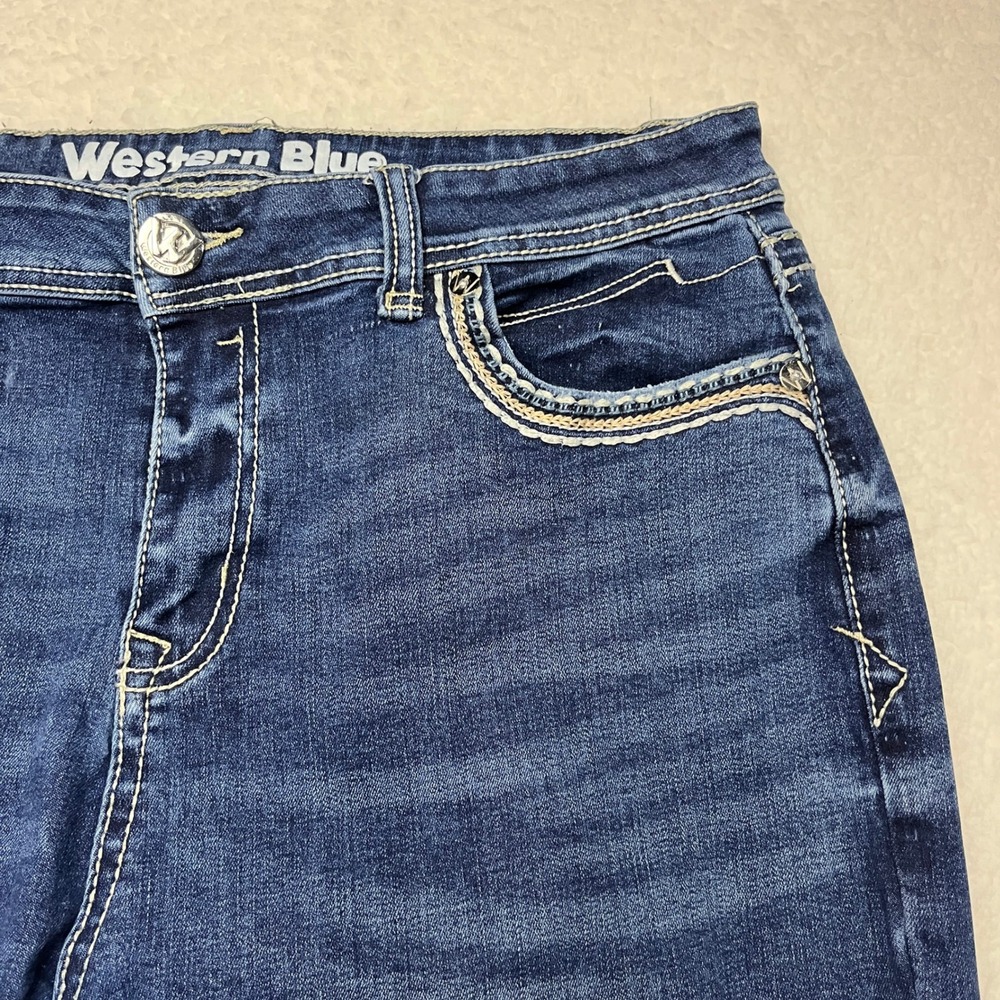 Western Blue Womens Dark Wash Embellished Distressed Bootcut‎ Jeans 34 RN145854